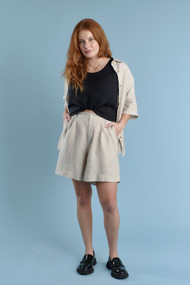 three quarter length tailored linen shorts in natural