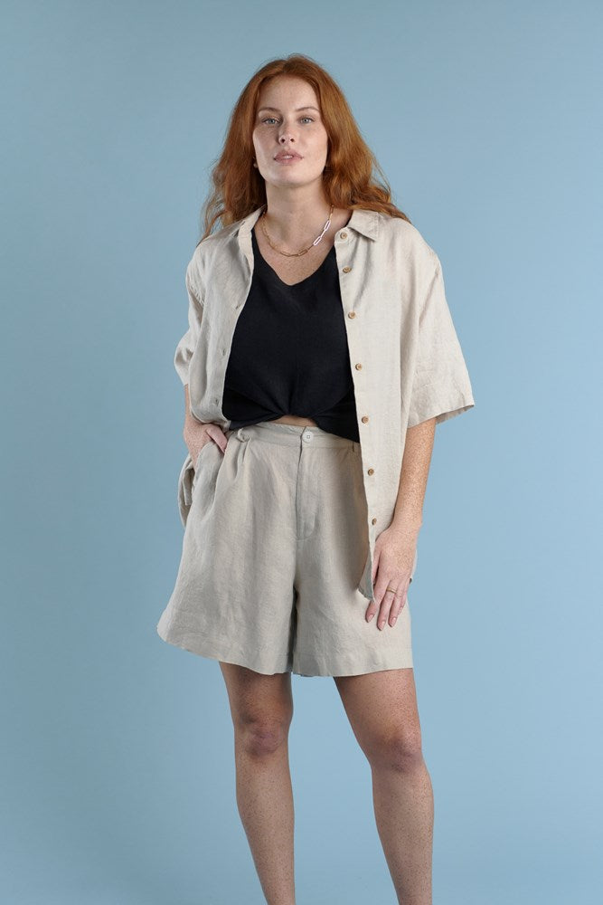 classic button up shirt with wooden buttons in natural