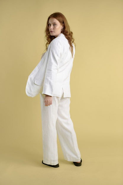 white linen blazer with reversible natural cuffs