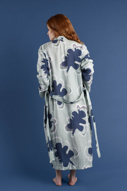 linen robe or kimono full length in navy and seamist print gidget