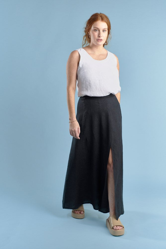 linen maxi skirt with split black