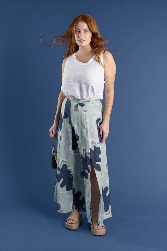 linen maxi skirt with split fun print navy and sea mist gidget