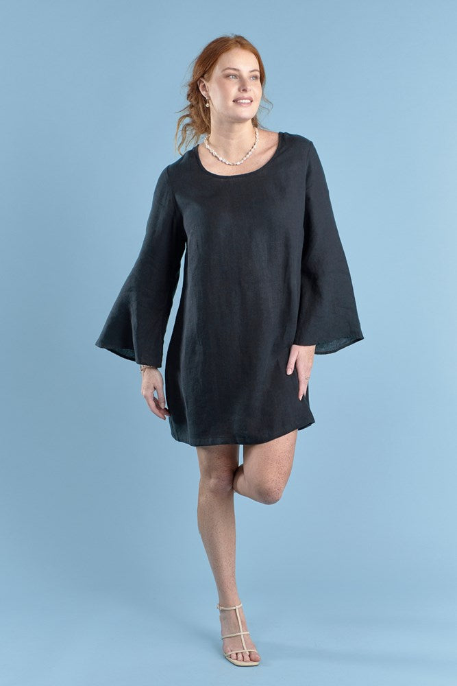 linen bell sleeve mini dress in black