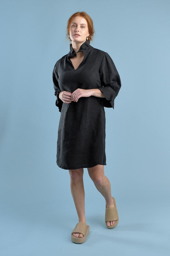 black linen mini dress with high neck frill and sleeves