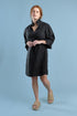 black linen mini dress with high neck frill and sleeves