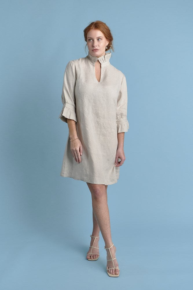 natural linen mini dress with high neck frill and sleeves