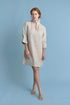 natural linen mini dress with high neck frill and sleeves