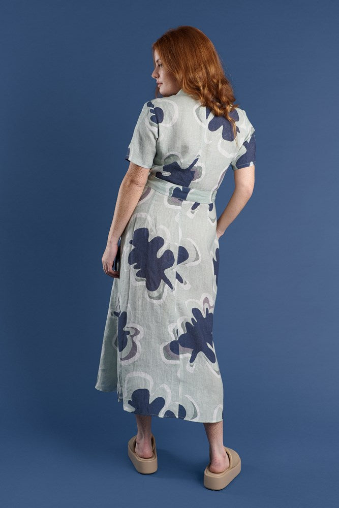 navy and seamist print linen maxi dress with v neck and middle leg split including tie belt