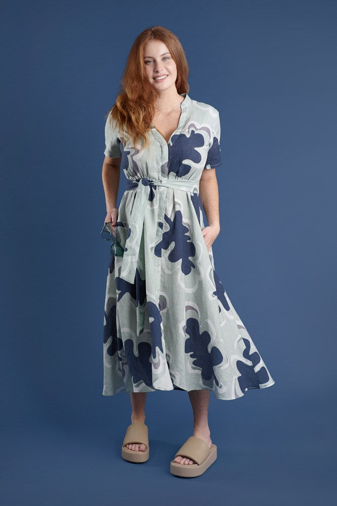 navy and seamist print linen maxi dress with v neck and middle leg split including tie belt