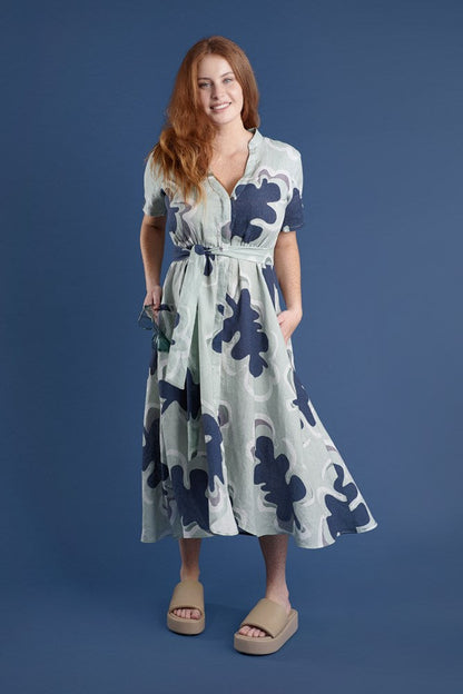 navy and seamist print linen maxi dress with v neck and middle leg split including tie belt