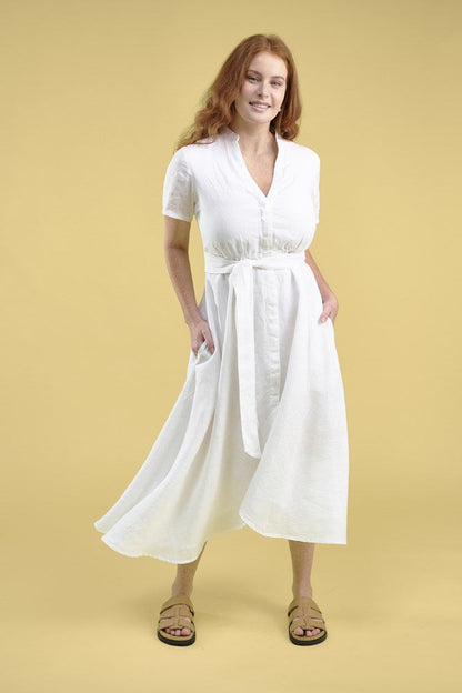 white linen maxi dress with v neck and middle leg split including tie belt