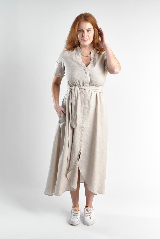 natural linen maxi dress with v neck and middle leg split including tie belt