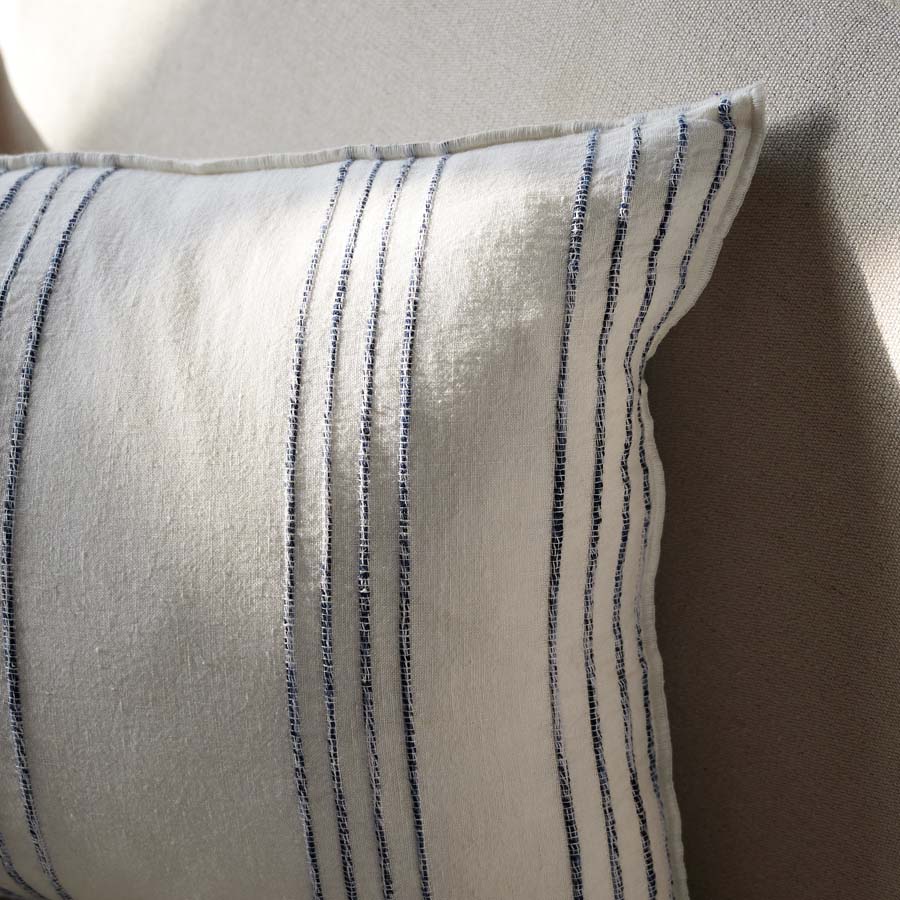 Rockpool Linen Cushion in white with navy textured stripe