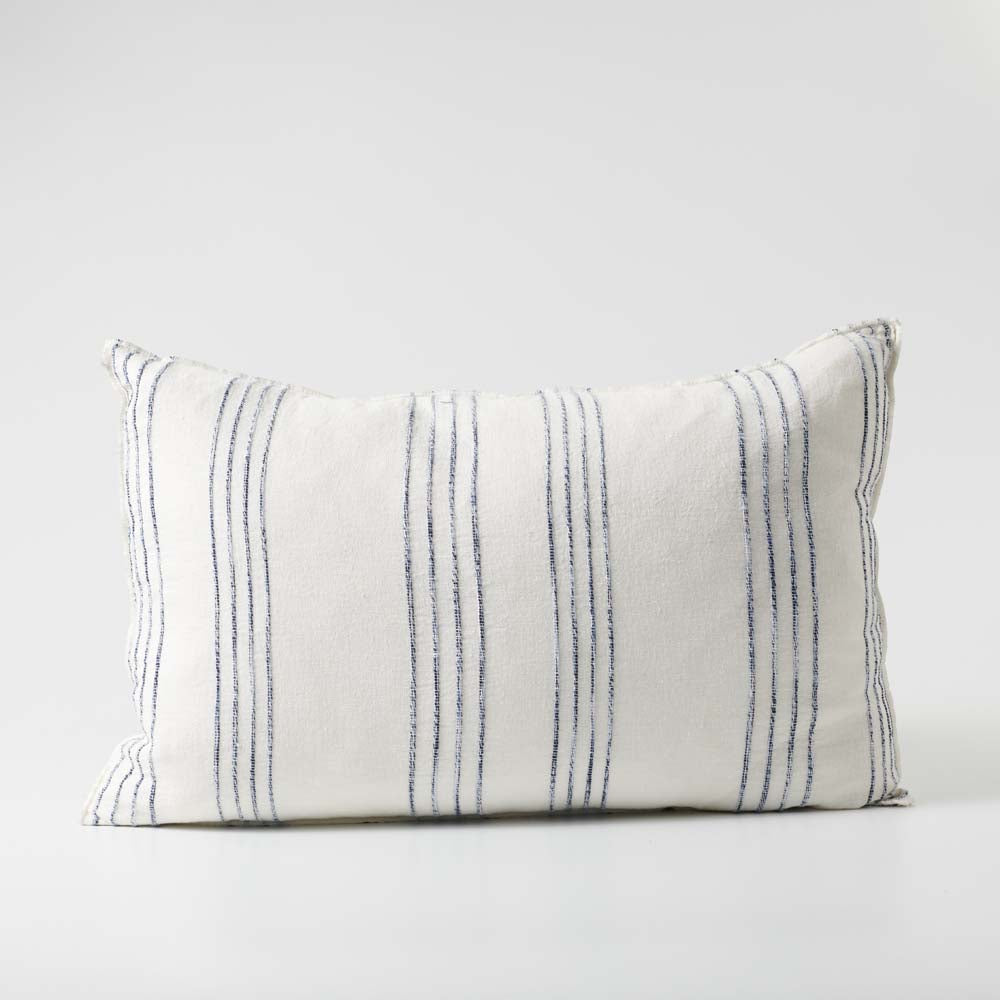 Rockpool Linen Cushion in white with navy textured stripe