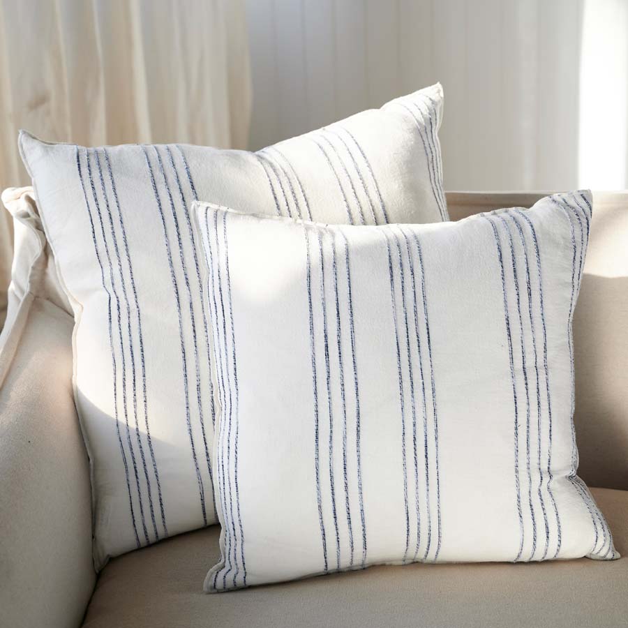 Rockpool Linen Cushion in white with navy textured stripe