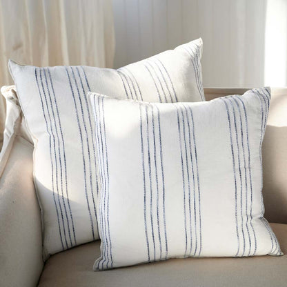 Rockpool Linen Cushion in white with navy textured stripe