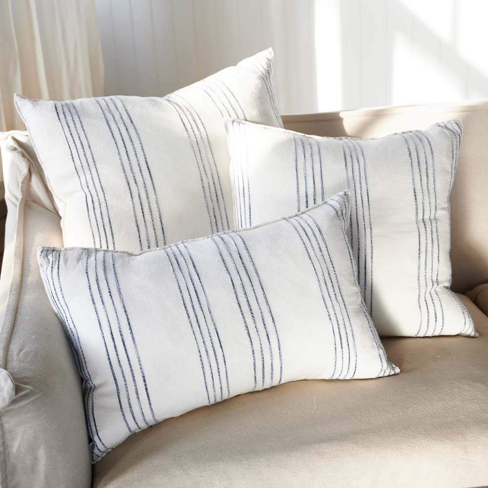 Rockpool Linen Cushion in white with navy textured stripe