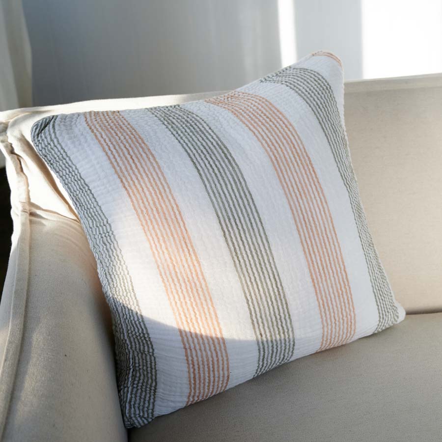 Carnivale Linen/Cotton Cushion with fine khaki and rose dust stripes