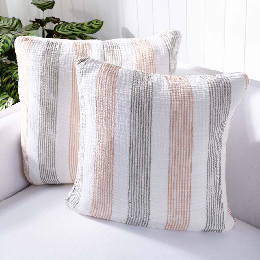 Carnivale Linen/Cotton Cushion with fine khaki and rose dust stripes