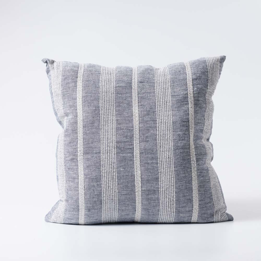 Promenad Linen Cushion in blue chambray with white stripe