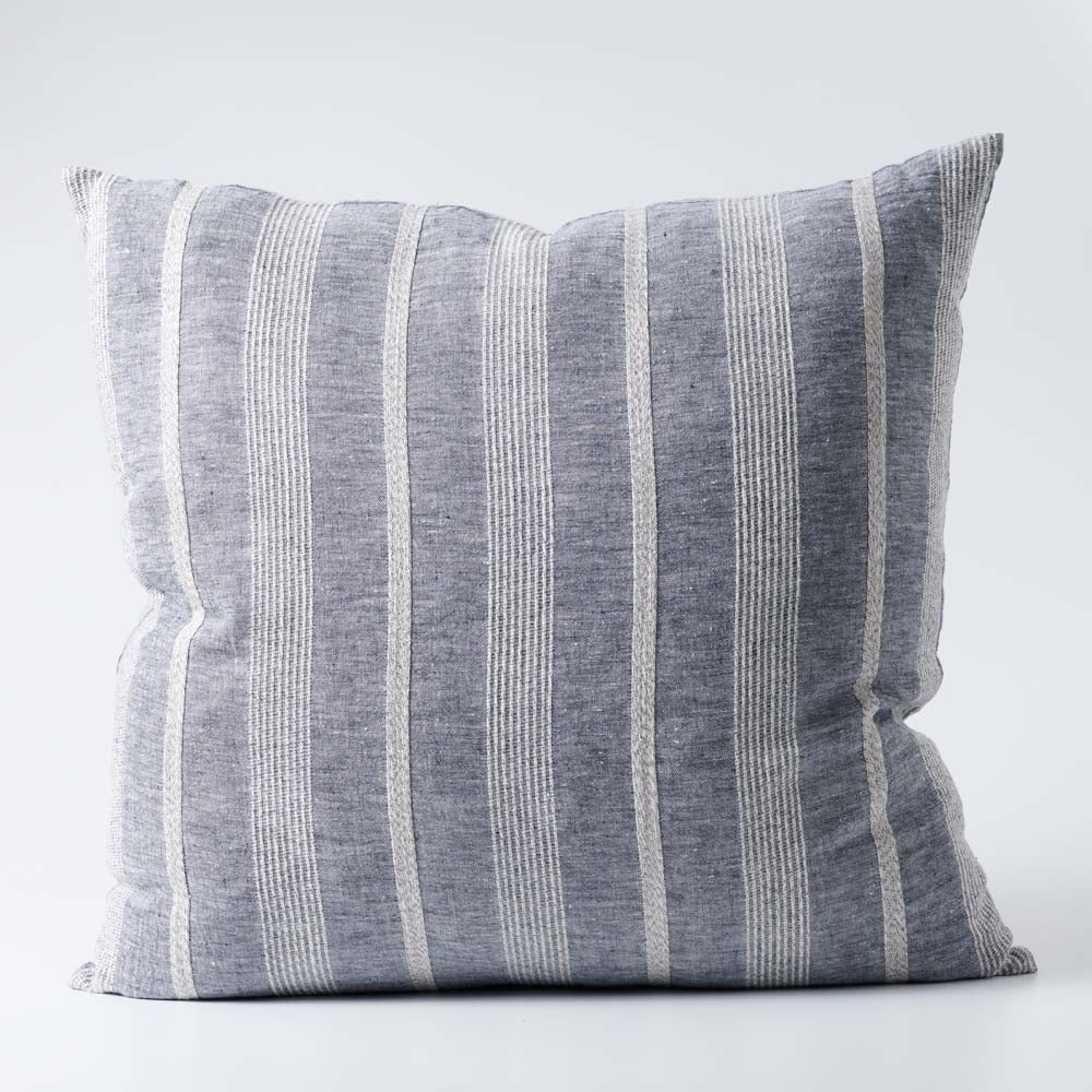 Promenad Linen Cushion in blue chambray with white stripe