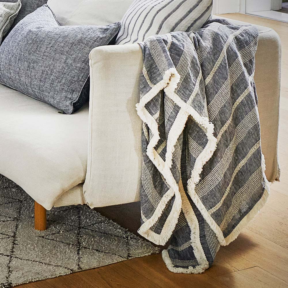 Promenad Linen throw in Navy with white stripe and frayed edge