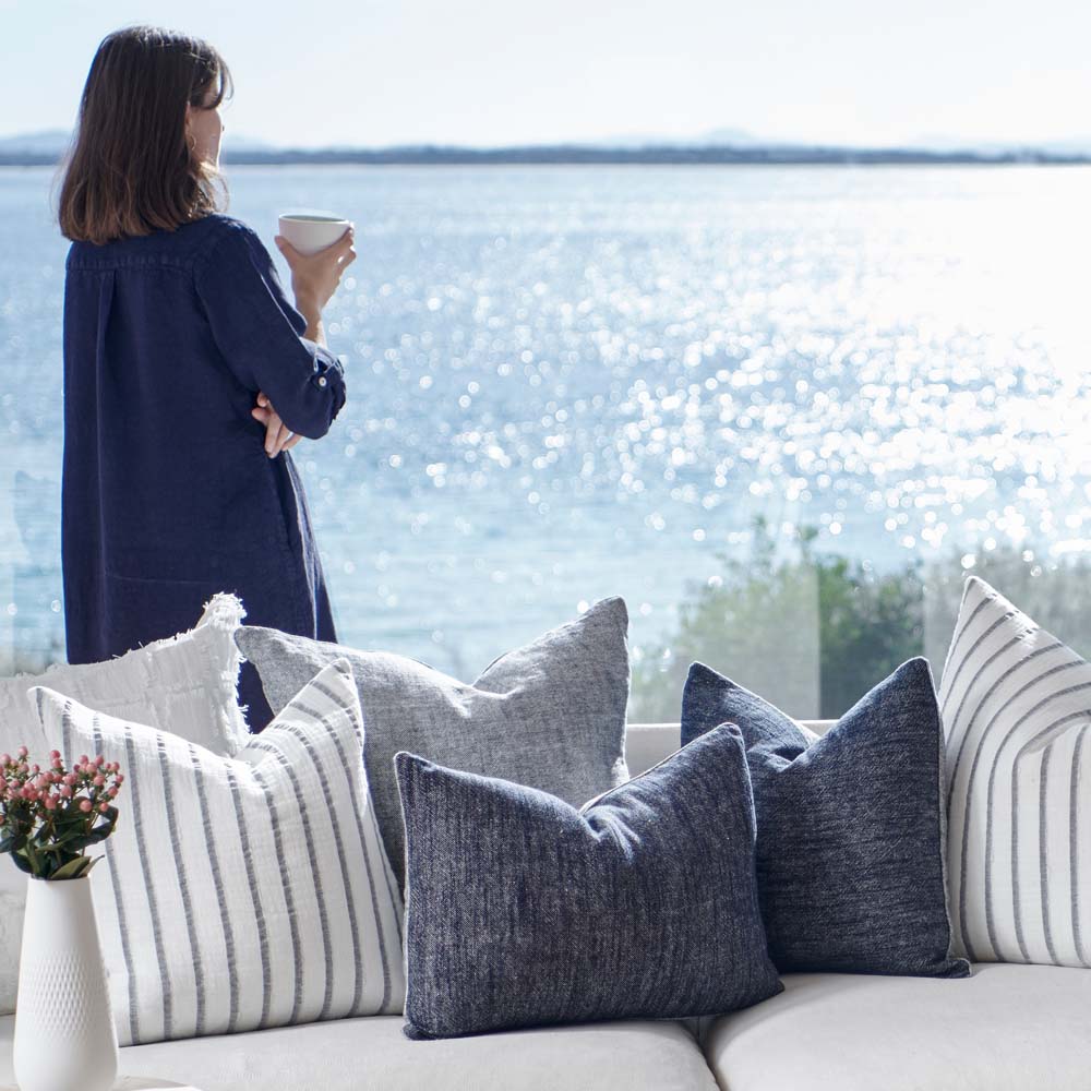 Sea Spray Linen Cushion in white with navy stripe
