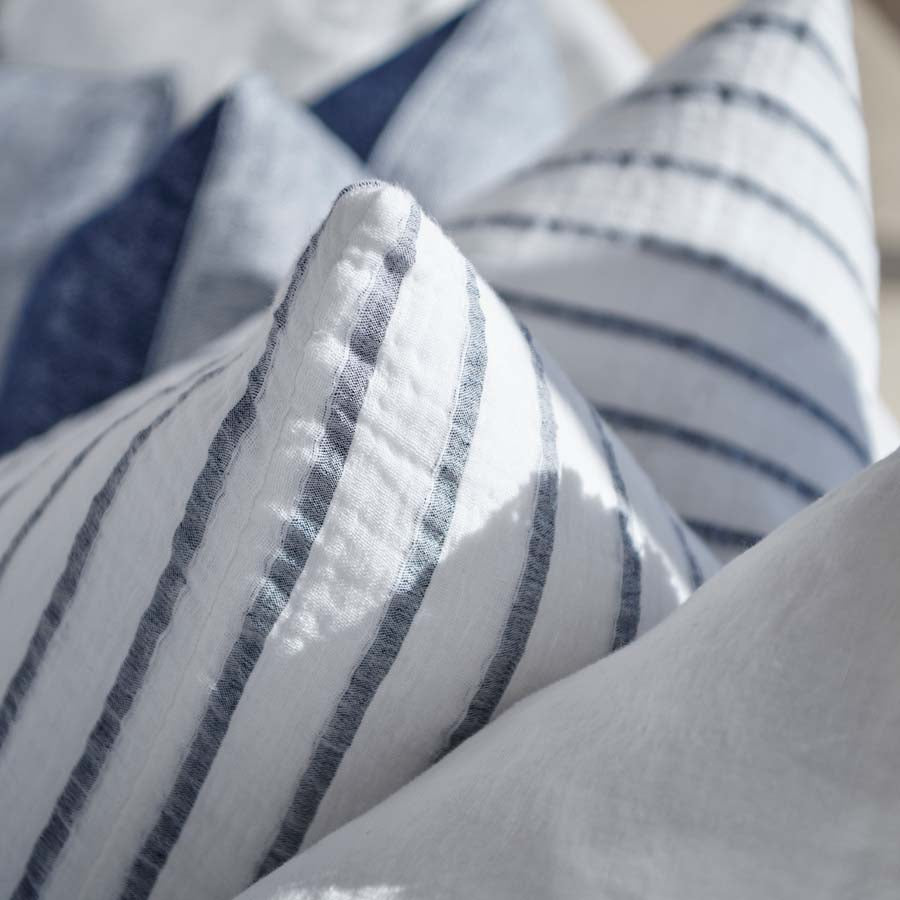 Sea Spray Linen Cushion in white with navy stripe