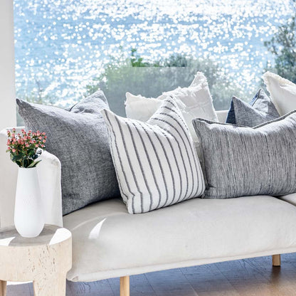 Sea Spray Linen Cushion in white with navy stripe