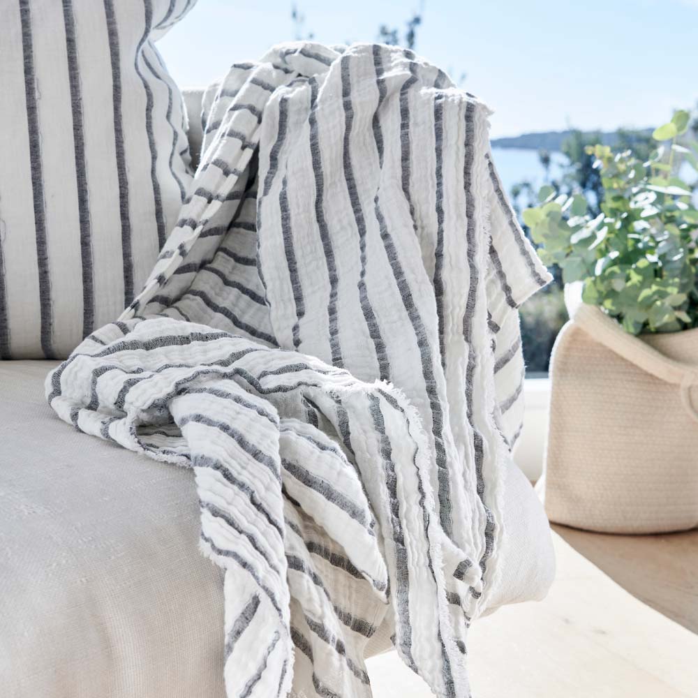 Sea Spray Linen/Cotton throw with Navy Stripe