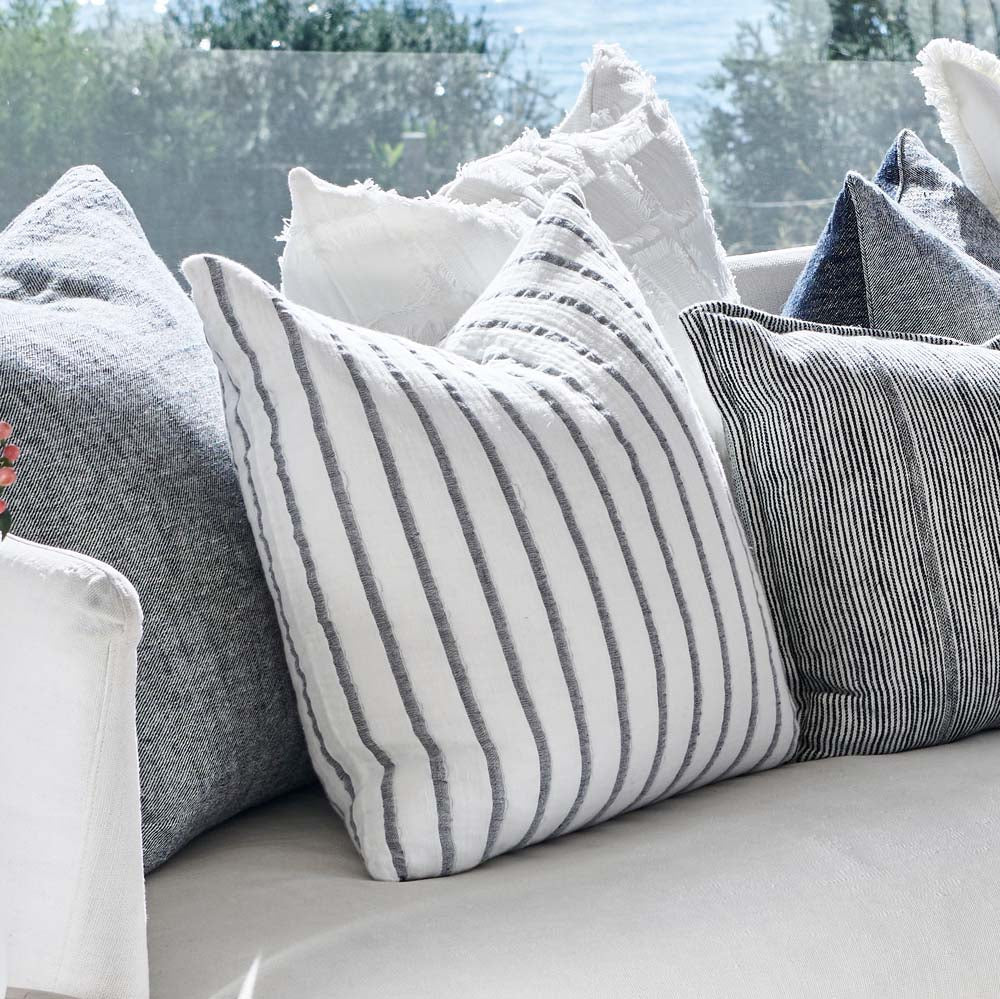 Sea Spray Linen Cushion in white with navy stripe