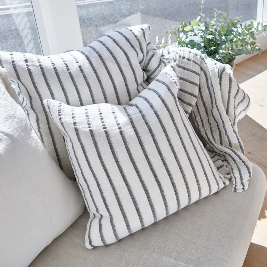 Sea Spray Linen Cushion in white with navy stripe