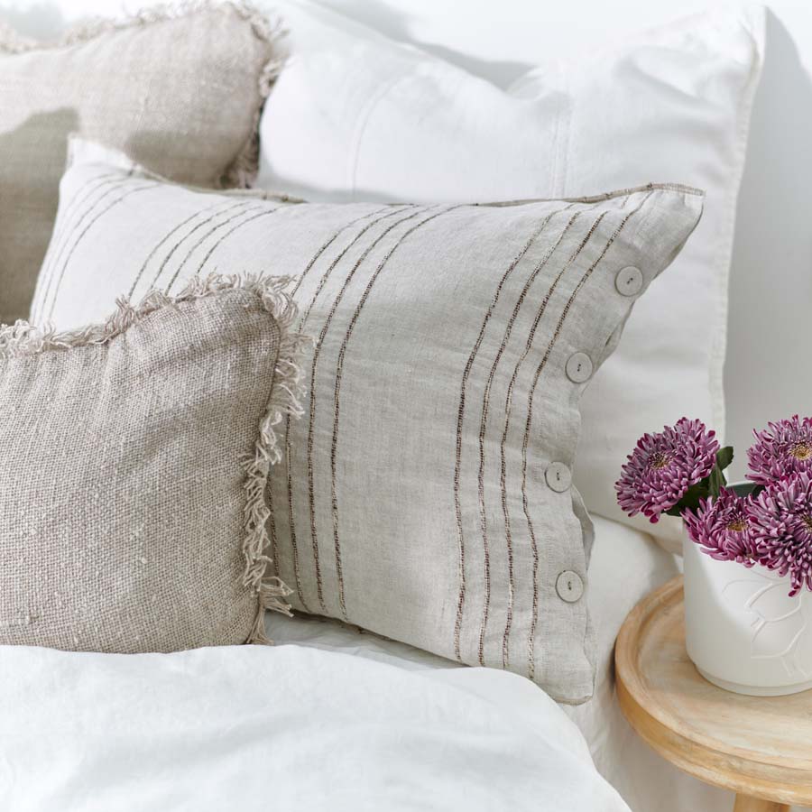 rockpool linen quilt cover and linen pillow cases in natural with organic stripe