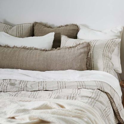 rockpool linen quilt cover and linen pillow cases in natural with organic stripe