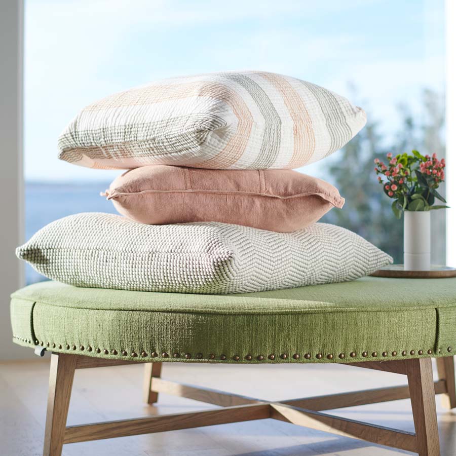 Carnivale Linen/Cotton Cushion with fine khaki and rose dust stripes