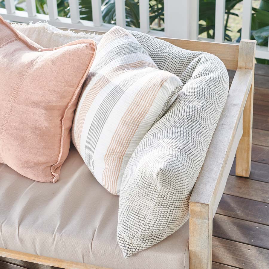 Carnivale Linen/Cotton Cushion with fine khaki and rose dust stripes