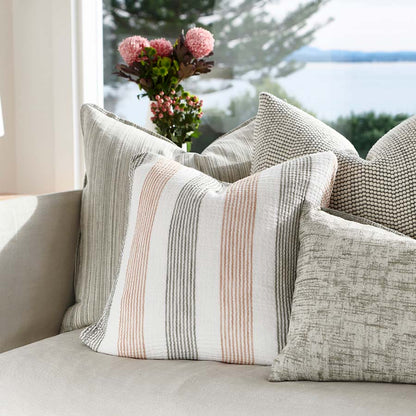 Carnivale Linen/Cotton Cushion with fine khaki and rose dust stripes