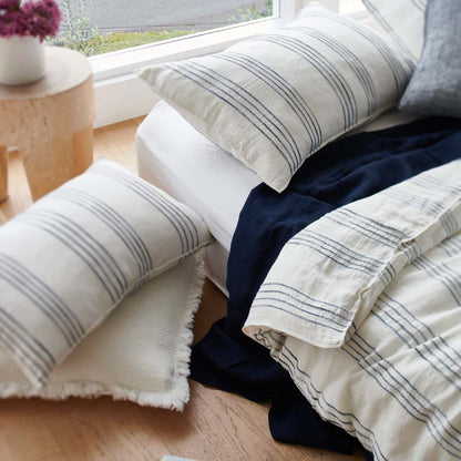 rockpool linen quilt cover and linen pillow cases in white with navy stripe