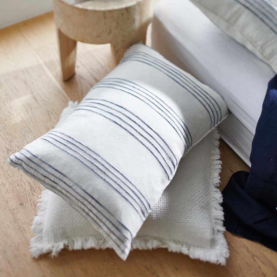 rockpool linen quilt cover and linen pillow cases in white with navy stripe