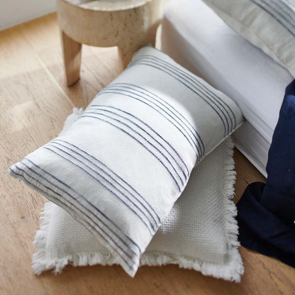 rockpool linen quilt cover and linen pillow cases in white with navy stripe