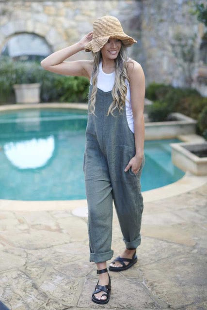 Khaki Linen Overalls