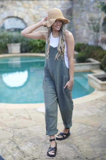 Khaki Linen Overalls