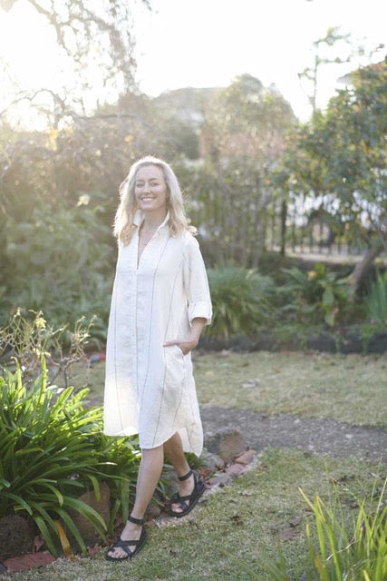 Carter Linen Shirt Dress in white with fine slate stripe