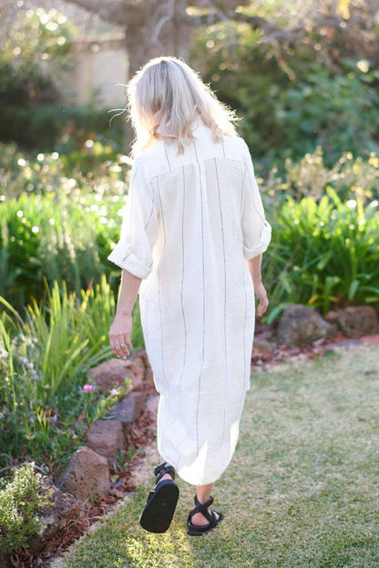 Carter Linen Shirt Dress in white with fine slate stripe