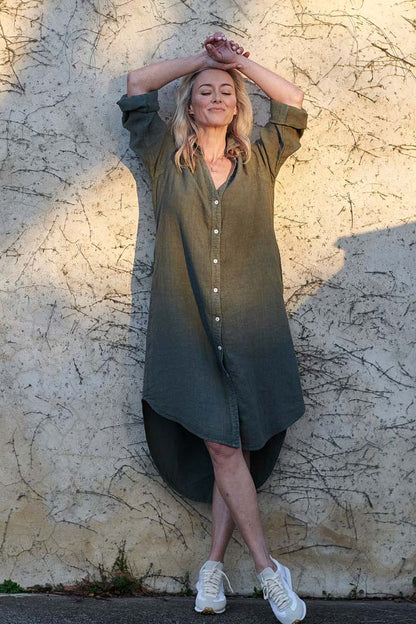 Linen Shirt Dress in Khaki