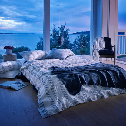 rockpool linen quilt cover and linen pillow cases in white with navy stripe