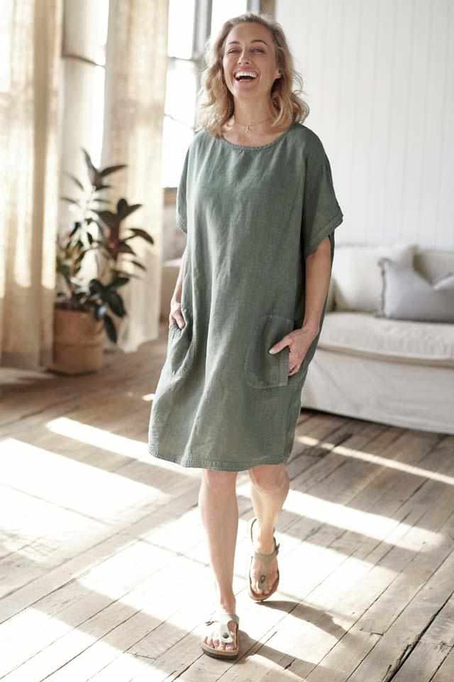 Khaki Euro Linen Pocket Dress with side pockets
