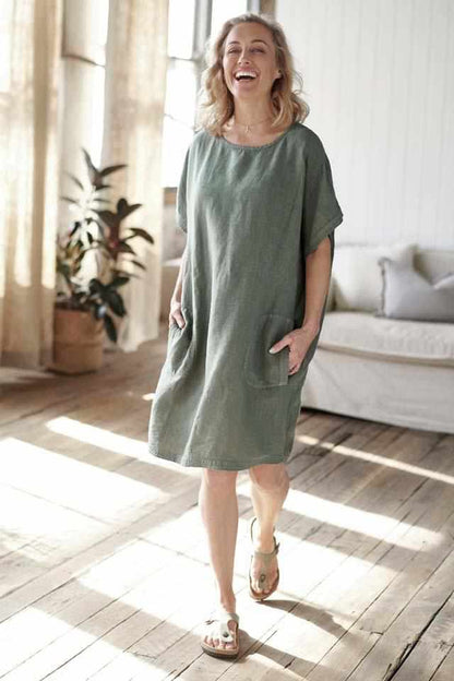 Khaki Euro Linen Pocket Dress with side pockets