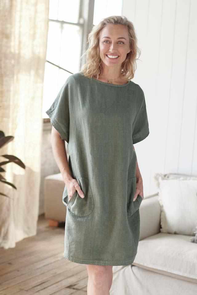 Khaki Euro Linen Pocket Dress with side pockets