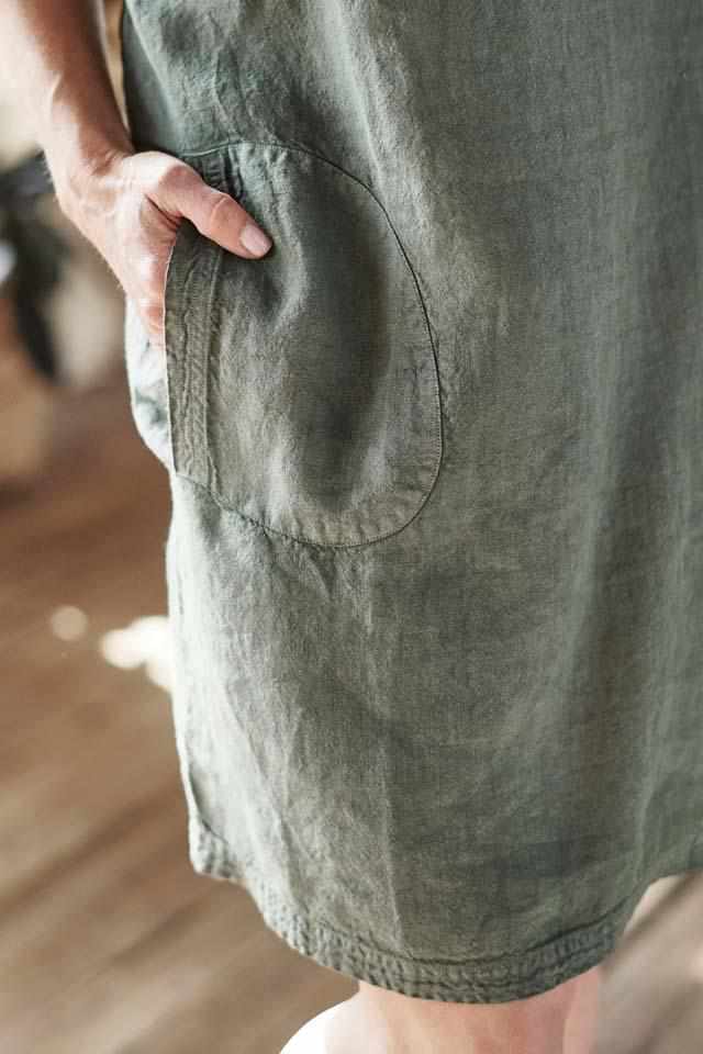 Pocket Detail on Khaki Euro Linen Pocket Dress with side pockets